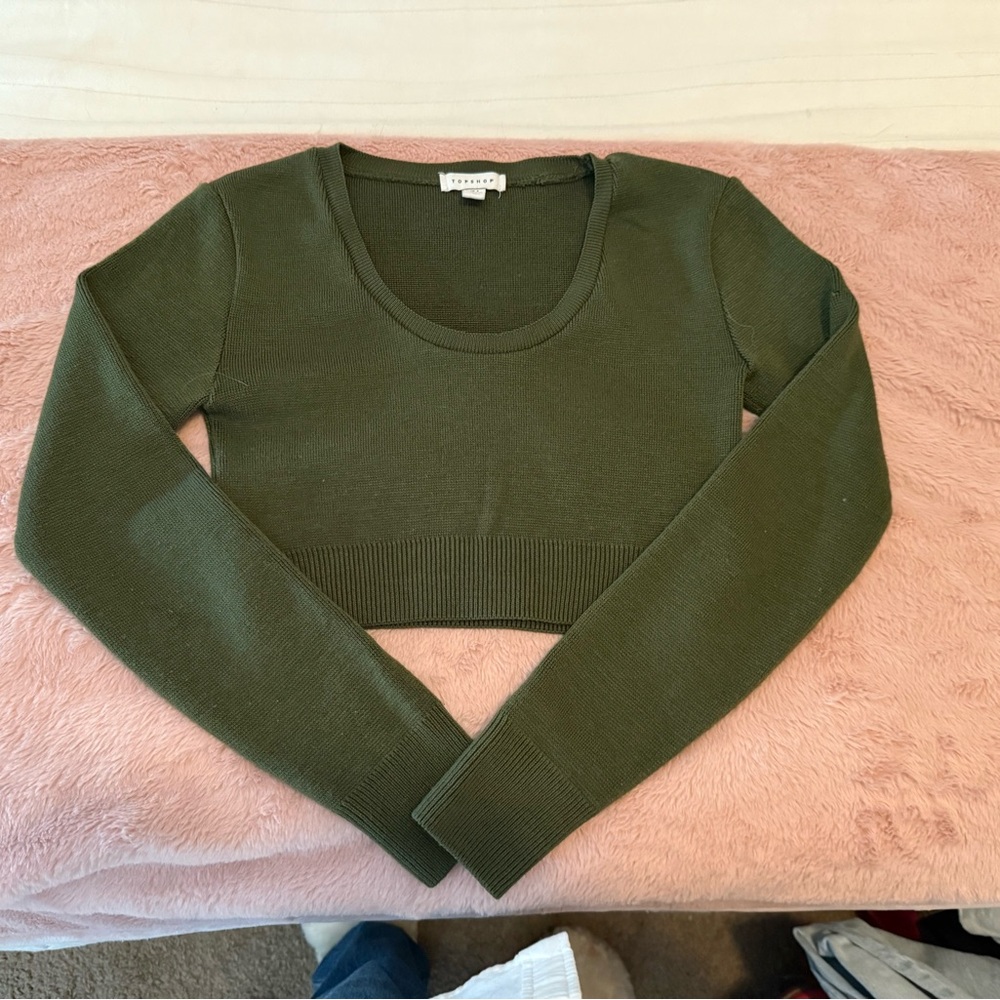 Topshop Olive Green Cropped Sweater